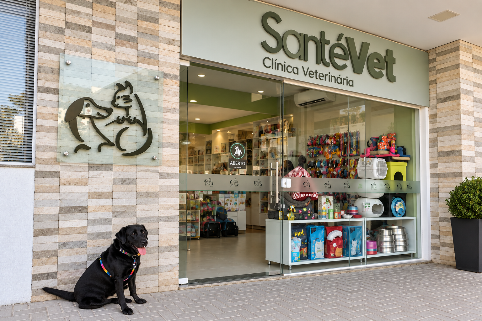 Cão labrador sentado em frente à fachada da clínica veterinária Santé Vet