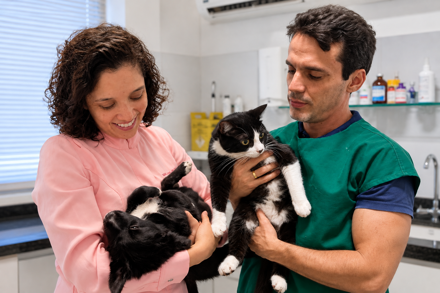 Doutores da Santé Vet segurando um filhote de cão e um gato durante a consulta