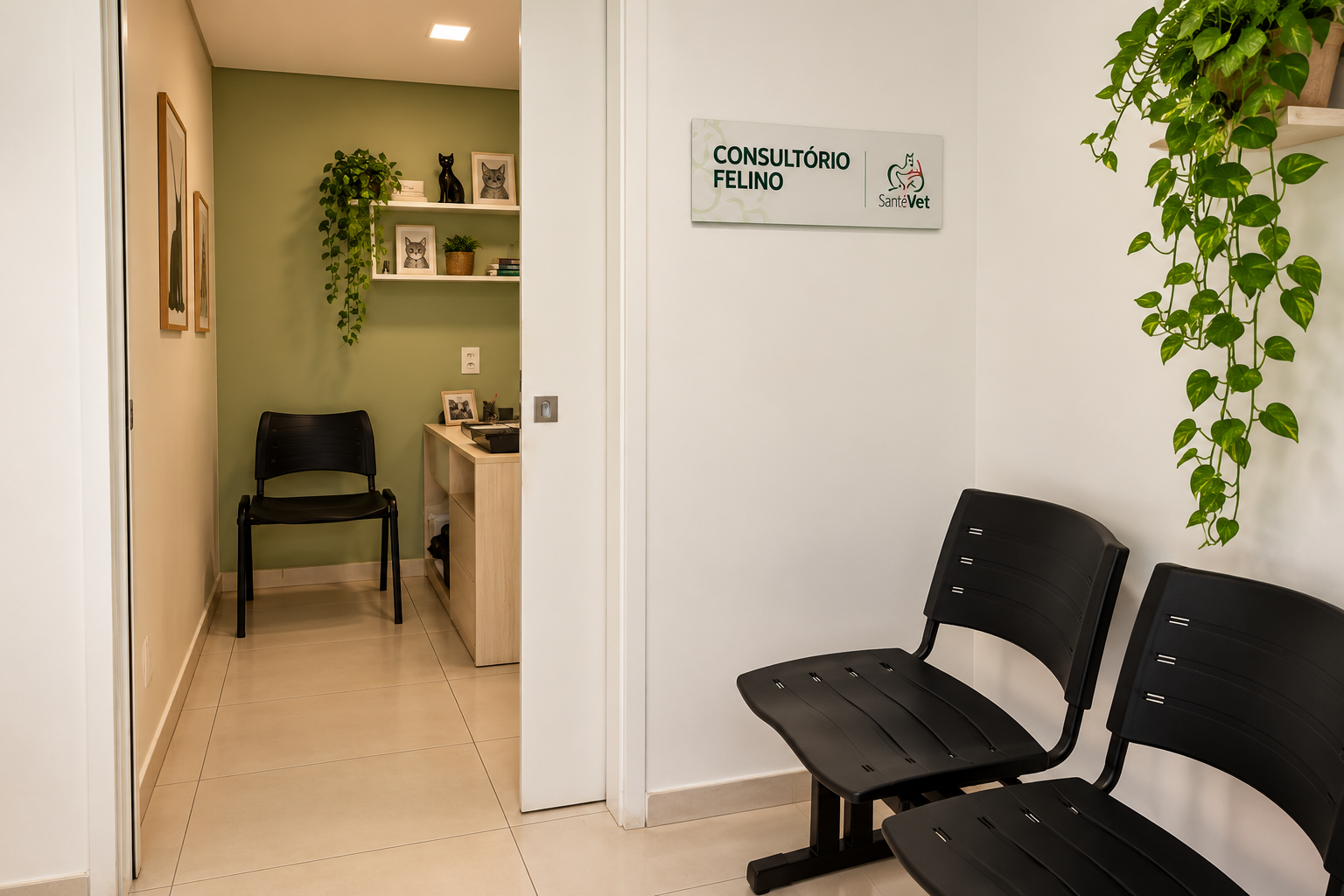 Sala de espera dos gatos na Santé Vet, com cadeiras e entrada para o consultório felino
