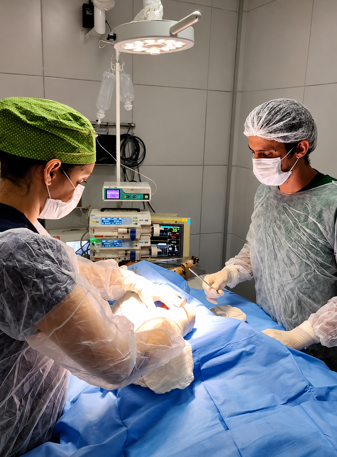 Equipe com roupas e equipamentos estéreis realizando cirurgia veterinária
