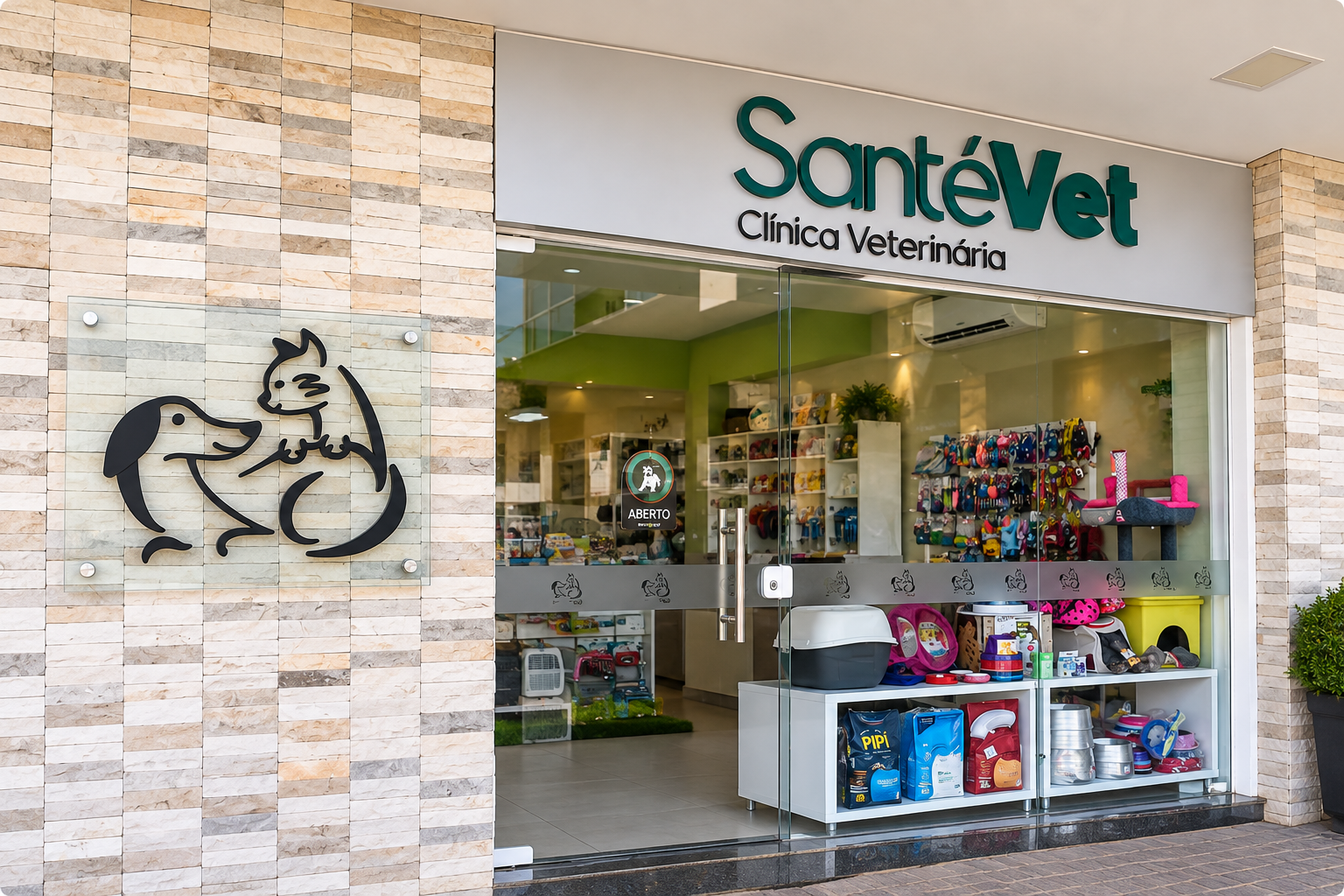 Fachada da clínica veterinária Santé Vet com vitrine de produtos para pets
